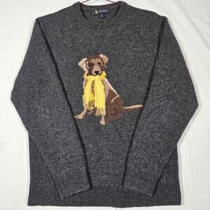 Cremieux Sweater Mens Medium Gray Crew Neck Merino Wool Dog Graphic Knit